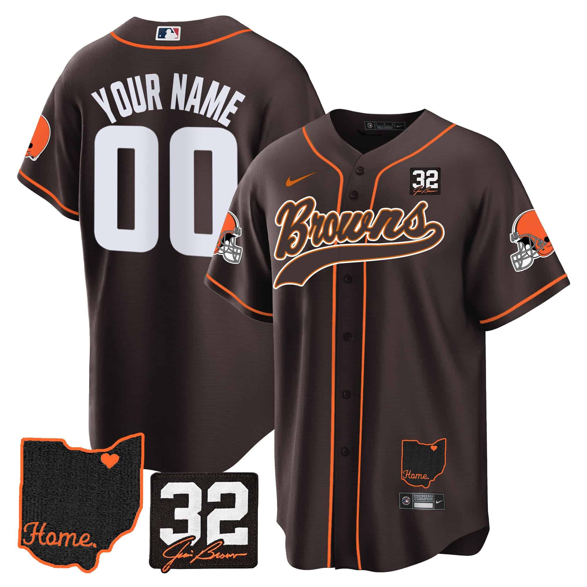 Men Cleveland Browns Brown 32 Jim Brown Memorial Home Patch Baseball Custom 2024 Nike NFL Jersey style 1